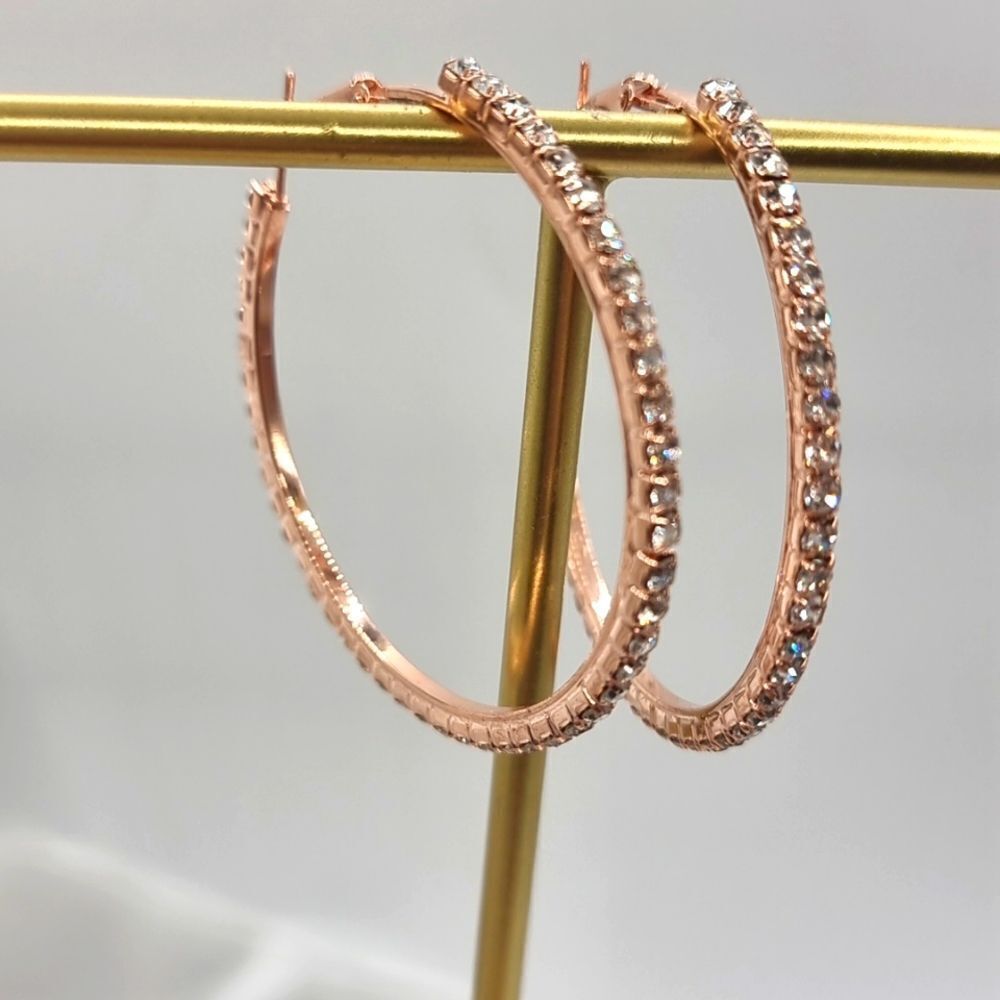 Rose Gold Hoop Earrings Large Rhinestone